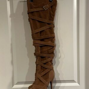 Brown Suede Lace-Up Over-the-Knee Stiletto Boots – Size 8 (Heel Repair Needed)